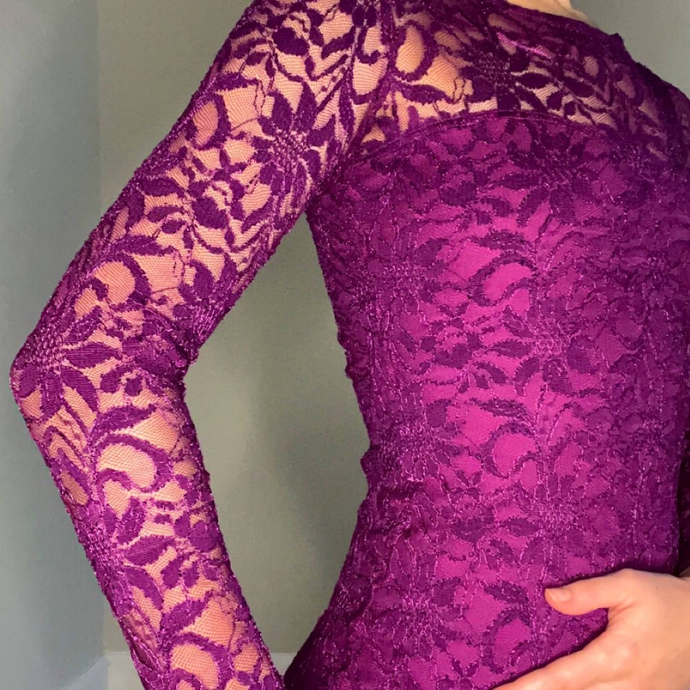 Purple lace backless tie homecoming dress